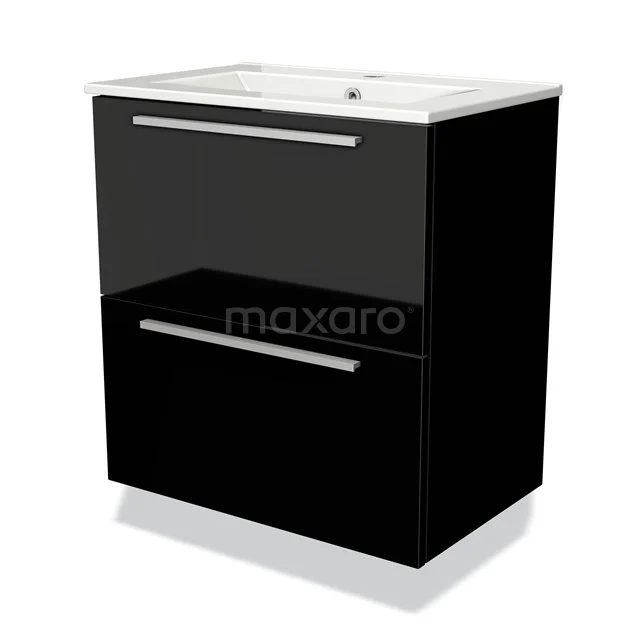 Black bathroom unit with white ceramic vanity units with basin, modern design, two drawers and chrome handles.