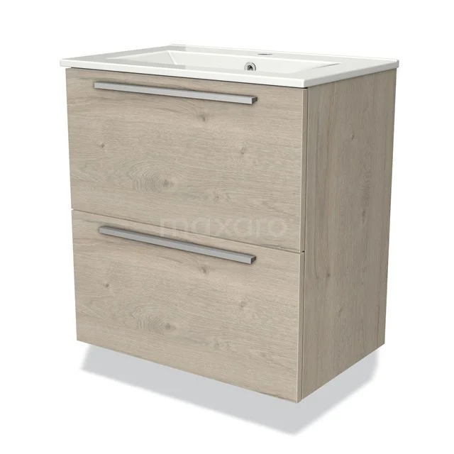 Holz-Badmöbel mit Waschbecken, zwei Schubladen und Metallgriffen; modernes Design in heller Eichenoberfläche.