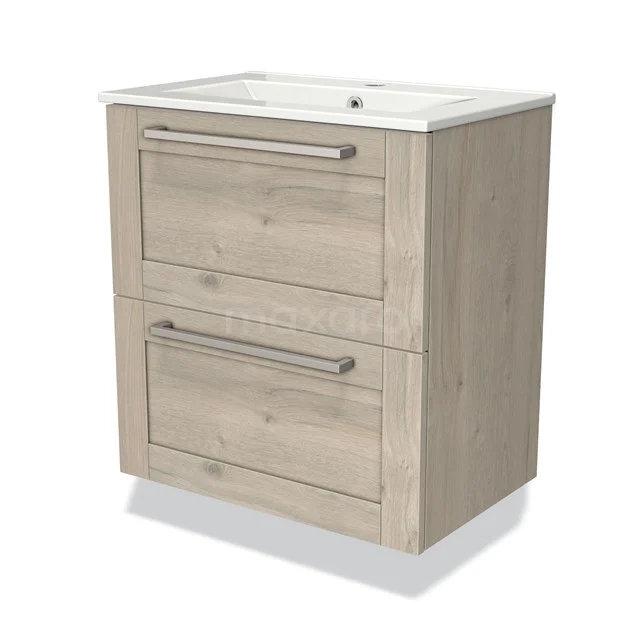 Houten badkamermeubel met twee lades, licht eiken uitstraling, inclusief witte keramische wastafel, modern en compact design.