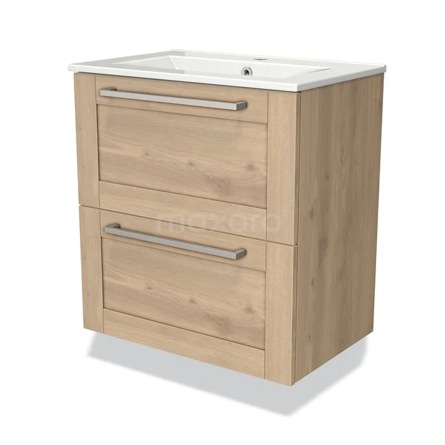 Houten badkamermeubel met witte wastafel, twee lades en metalen handgrepen; moderne stijl voor een georganiseerde badkamer.