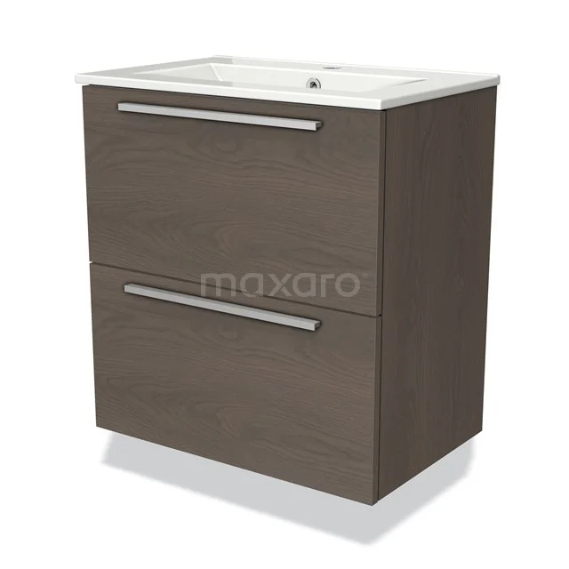 Bathroom unit wood-look with two drawers and white basin, modern design and clean lines, ideal for compact bathrooms.