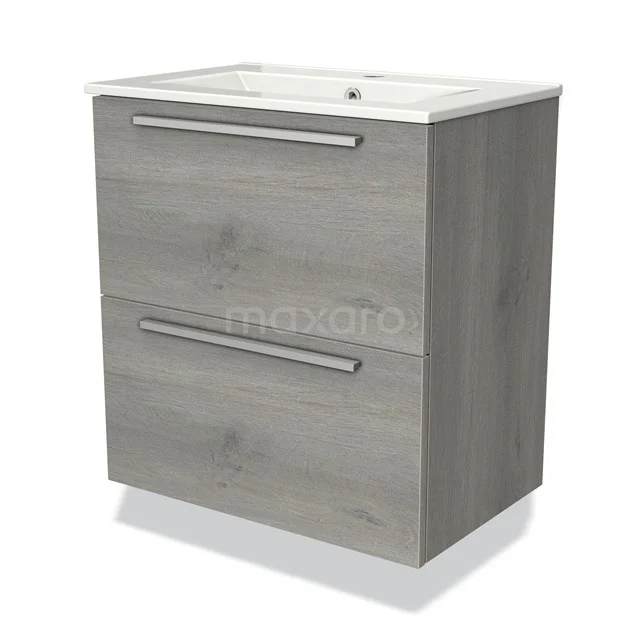Compact grijs badkamermeubel met houtlook, twee lades en een witte wastafel; modern design voor stijlvolle badkamers.