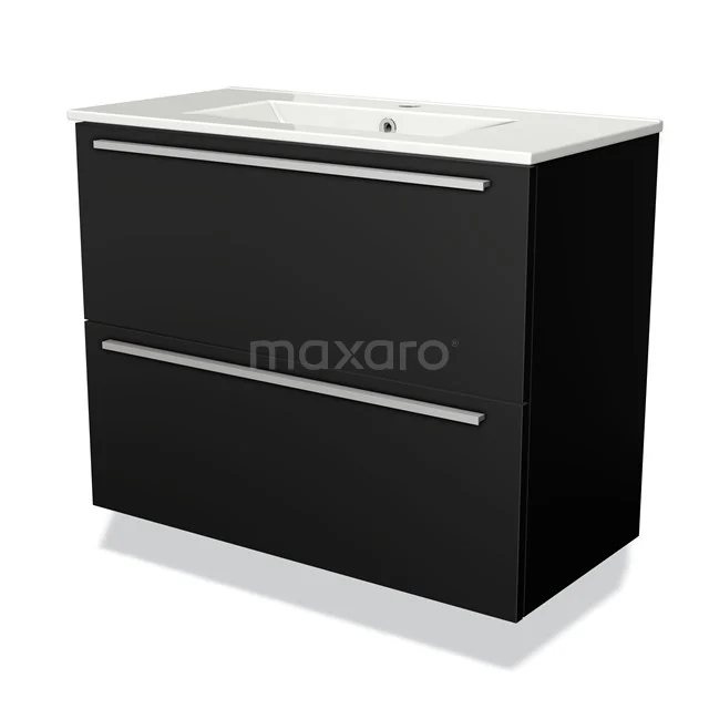 Zwarte badkamermeubel met twee lades, strakke metalen grepen en een wit keramisch wastafelblad, modern en tijdloos design.