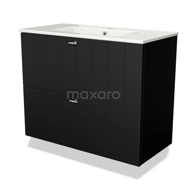 Modulo Slim Bathroom furniture with sink | 80 cm Matte black Slat front Ceramic 2 Stacked drawers BMW37-00514 Black bathroom furniture set with two drawers and ceramic basin; stylish and functional design for modern bathrooms.