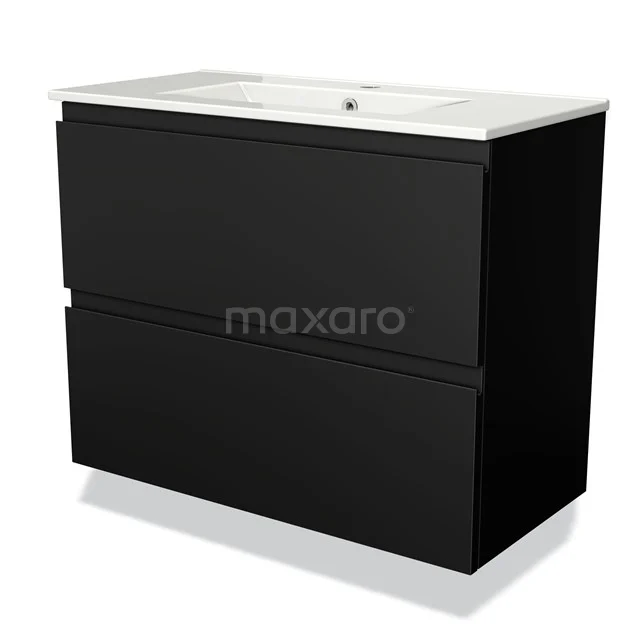 Black bathroom unit with two drawers, matte finish and ceramic basin, ideal for modern bathroom design.
