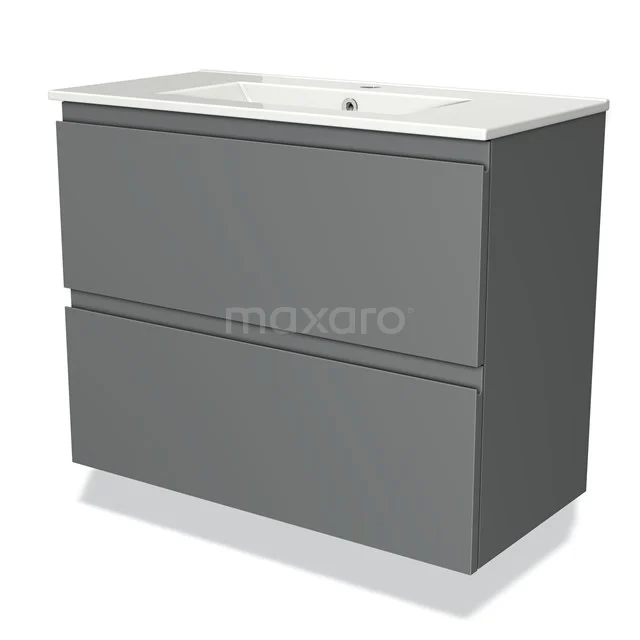 Modulo Slim Waschtische | 80 cm Mittelgrau Grifflos front Keramik 2 übereinanderliegende Schubladen BMW37-00518 Grauer moderner Badschrank mit zwei Schubladen, mattem Finish und integriertem Waschbecken, ideal für stilvolle Badezimmerlagerung.