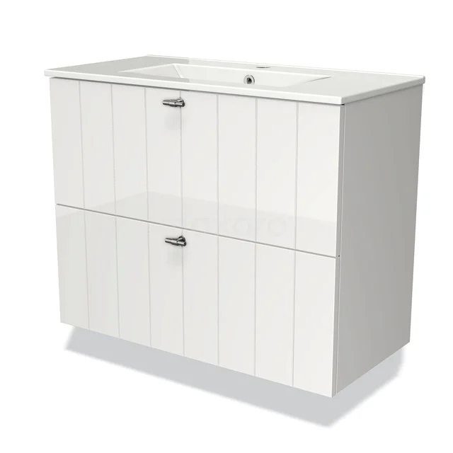 Wit houten badkamermeubel met twee lades en keramische wastafel, voorzien van modern paneeldesign.