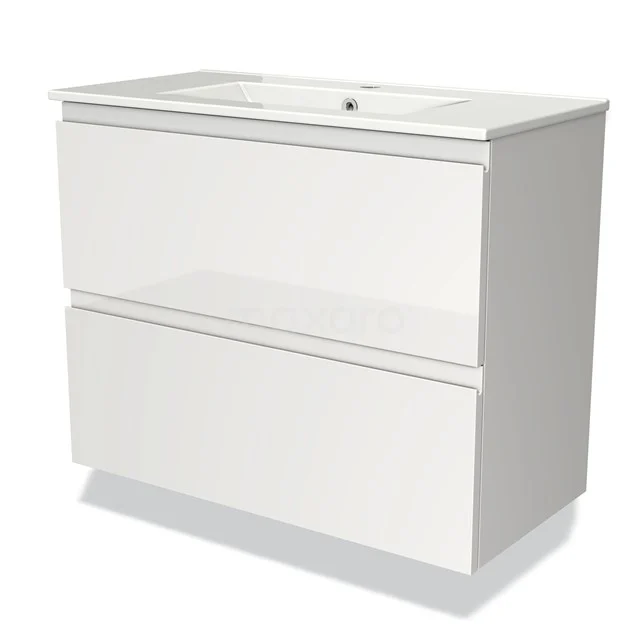 Modulo Slim Vanity units with basin | 80 cm High-gloss white Handle-less front Ceramic 2 Stacked drawers BMW37-00521