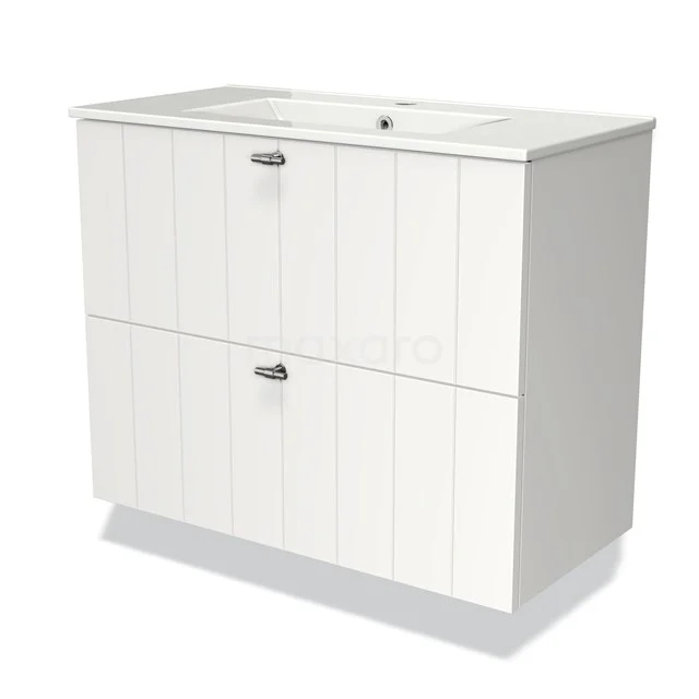Weißes Holz-Badmöbel mit doppelter Schublade, horizontalen Rillendetails und eingebautem Waschbecken oben.