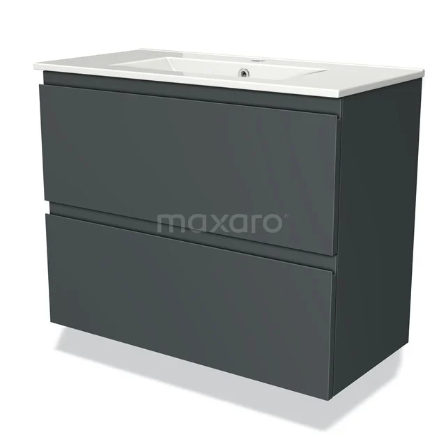 Antrazitgrauer Badschrank mit 2 Schubladen, moderne Ausführung, ausgestattet mit einem weißen Keramikwaschbecken.