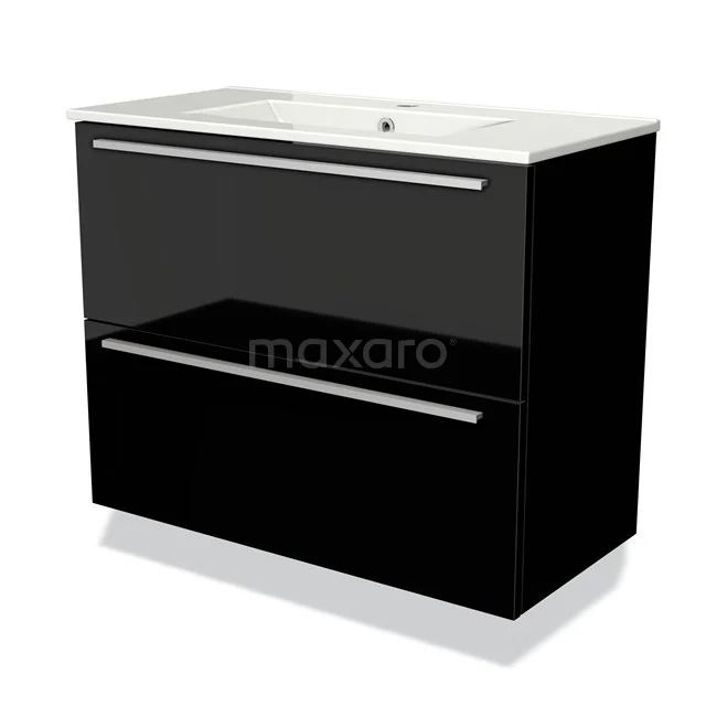 Zwarte badkamermeubel met twee lades, glanzende afwerking en geïntegreerde wastafel, modern design van keramiek.