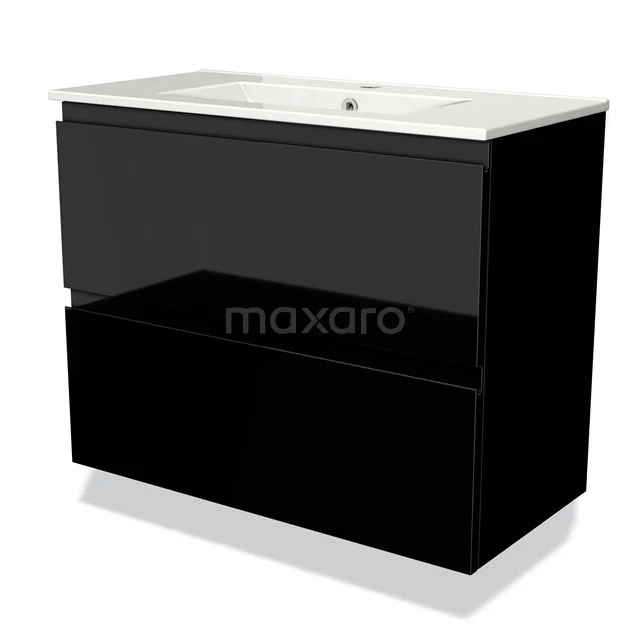 Black bathroom unit with high-gloss finish, double drawers and ceramic basin, modern design.