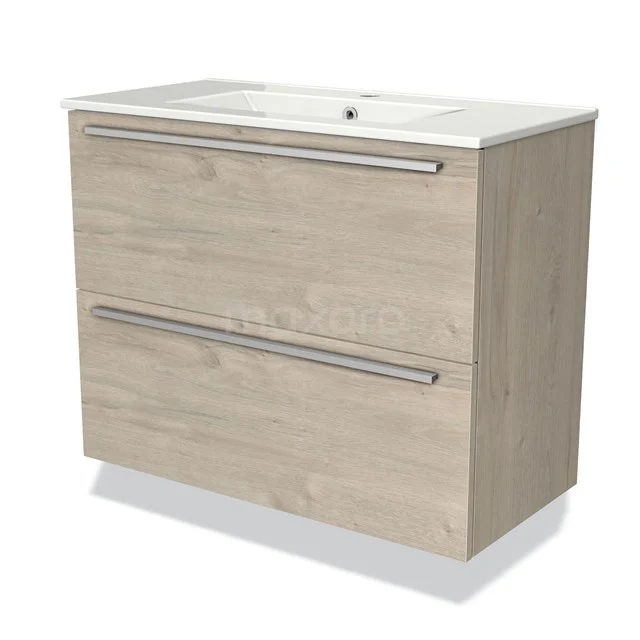 Badezimmermöbel Holzoptik mit weißem Waschbecken, modernes Design, zwei Schubladen, ideal für stilvollen Badezimmerraum.