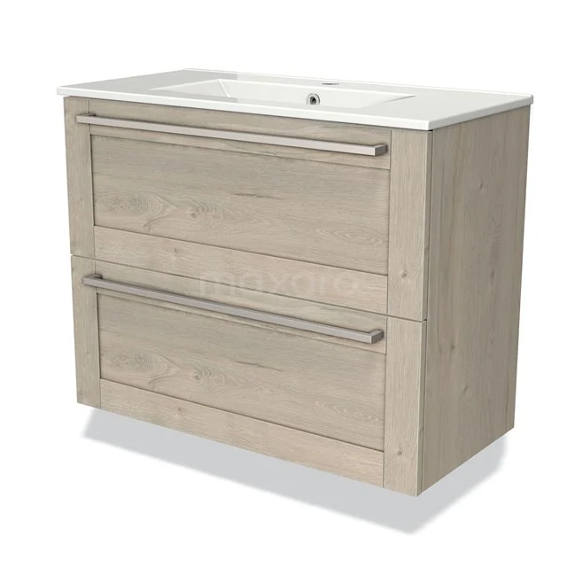 Holz Waschtischunterschrank mit zwei Schubladen, helle Eichenfarbe, modernes Design, ideal für stilvolle Badezimmerlagerung.