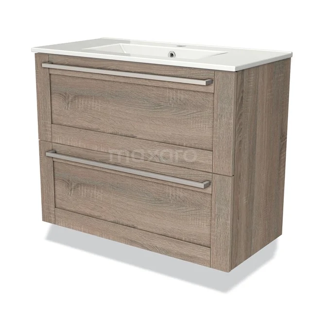 Modulo Slim Bathroom furniture with sink | 80 cm Oak Bordered front Ceramic 2 Stacked drawers BMW37-00534 Wooden Bathroom unit with two wide drawers, light oak colour, ceramic basin worktop, ideal for a stylish bathroom.