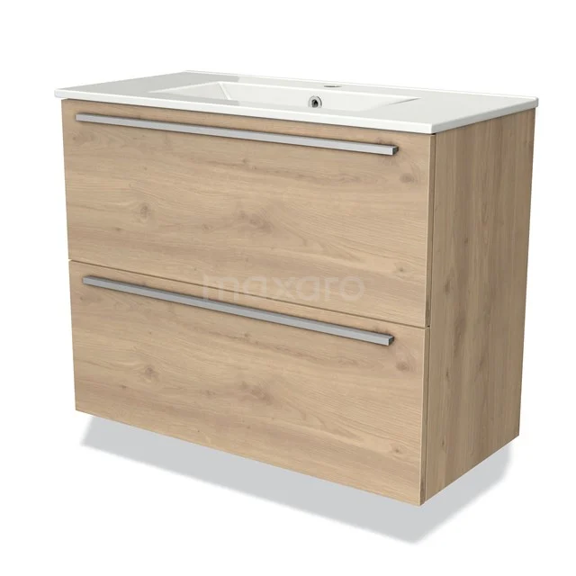 Holz Badezimmermöbel mit zwei breiten Schubladen, eleganten metallischen Haltegriffen und integriertem weißen Waschbecken.