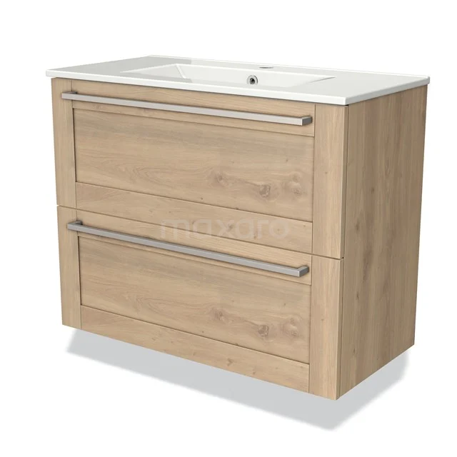 Wooden bathroom unit with two wide drawers, light oak finish and integrated vanity units with basin made of ceramic.