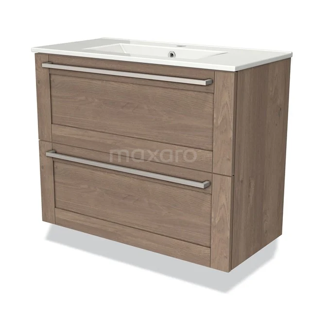 Wooden bathroom unit with two wide drawers, modern design, and white basin; ideal for stylish bathroom storage.