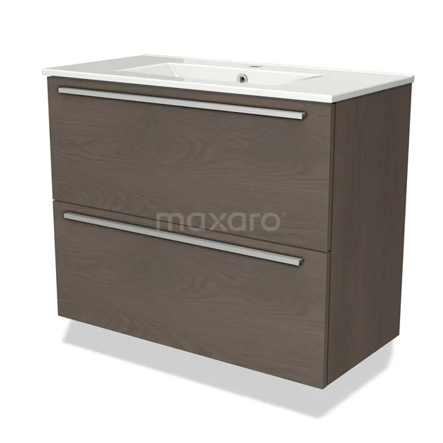 Modulo Slim Bathroom furniture with sink | 80 cm Dark brown oak Flat front Ceramic 2 Stacked drawers BMW37-00539 Modern vanity set with two drawers, wood-look finish, metal handles and white Basin, perfect for a stylish bathroom.
