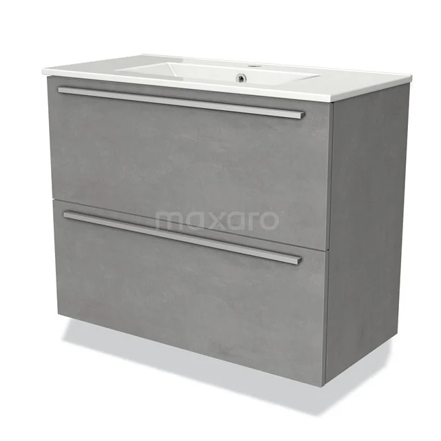 Badmöbel 80cm Modulo Slim Hellgrauer Beton 2 Schubladen Flaches Waschbecken aus Keramik BMW37-00543 Graue Badezimmermöbelset mit zwei Schubladen, schlankem Design, betongrauer Oberfläche und integrierter keramischer Waschbecken.