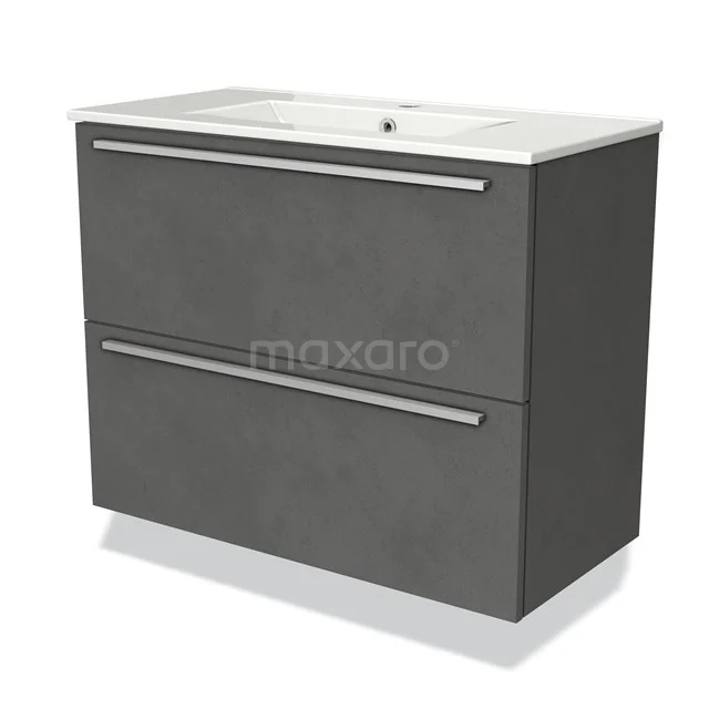 Grey double basin bathroom cabinet with two drawers and ceramic basin, modern design with clean lines for a stylish bathroom.