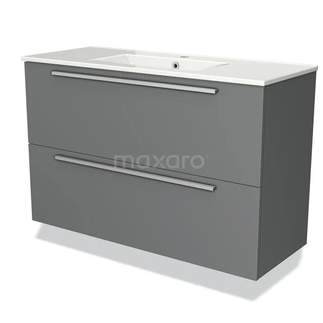 Modulo Slim Bathroom furniture with sink | 100 cm Mid grey Flat front Ceramic 2 Stacked drawers BMW37-00548 Grey Bathroom cabinet with two drawers, sleek design, metal handles and integrated basin, ideal for modern bathrooms.