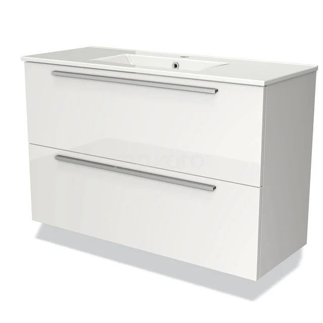 Weißes Badezimmermöbel mit zwei geräumigen Schubladen und integriertem Waschbecken, schlankes Design und glänzende Oberfläche.