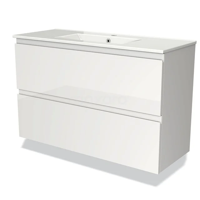 Modulo Slim Waschtische | 100 cm Hochglanz Weiß Grifflos front Keramik 2 übereinanderliegende Schubladen BMW37-00553 Weißes Badezimmermöbel mit integriertem Waschbecken, schlankes Design, zwei Schubladen und glänzender Oberfläche für moderne Bäder.