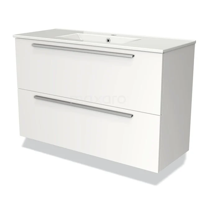 White bathroom furniture set with two drawers, sleek design, metal handles and integrated basin on top.