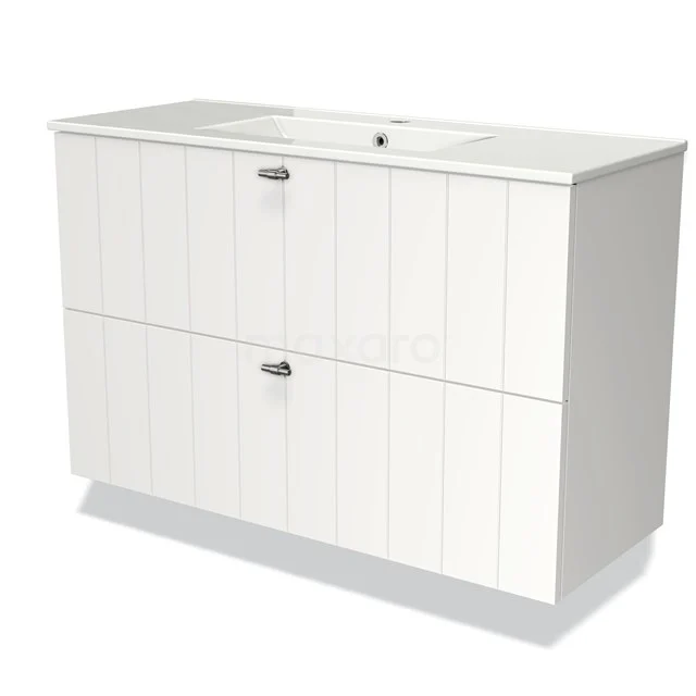 Badmöbel 100cm Modulo Slim Matt Weiß 2 Schubladen Lamellenwaschbecken Keramik BMW37-00555 Weißes Badezimmermöbel, zweischichtig mit vertikalen Paneelen, geeignet für stilvolle Bäder, hergestellt aus nachhaltigem Holz.