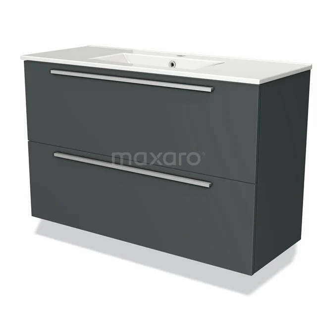 Anthracite bathroom unit with double drawers, slim metal handles and ceramic vanity units with basin for a modern bathroom style.