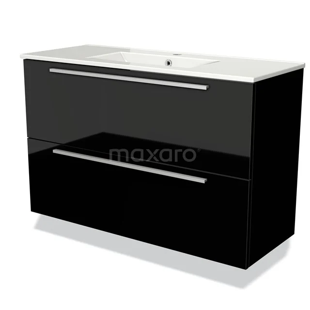 Zwarte badkamermeubelset met glanzende afwerking, twee brede lades en witte keramische wastafel. Modern en strak design.