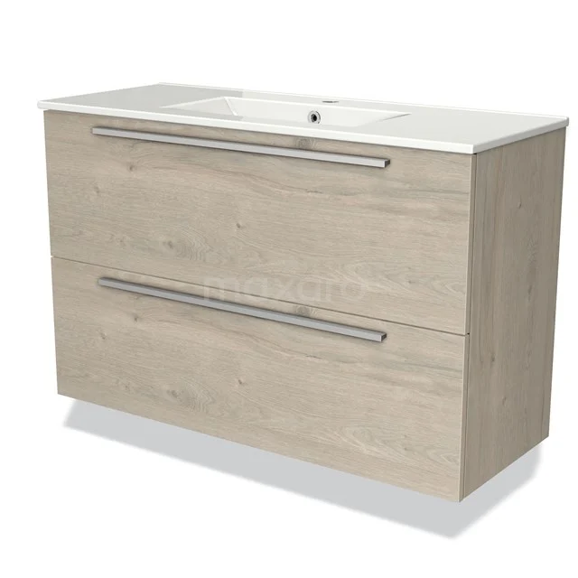 Holz Badezimmermöbel mit zwei breiten Schubladen, heller Eiche Oberflächenbehandlung und integriertem Waschbecken.