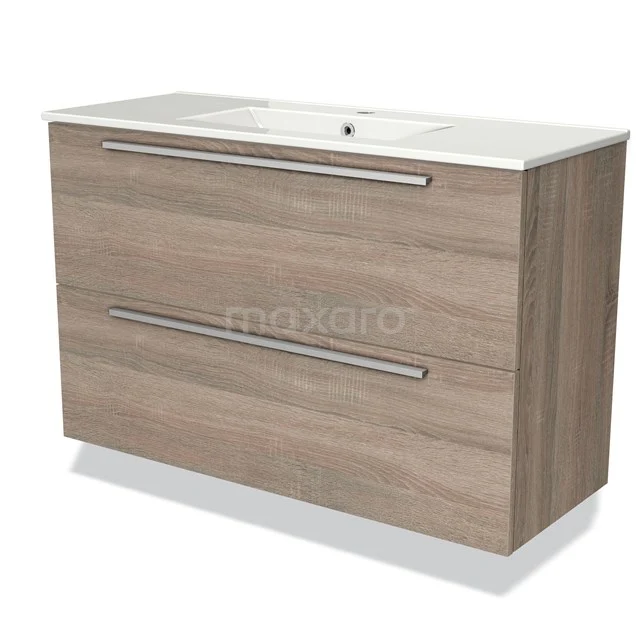 Wooden bathroom unit with two drawers, modern handles and white basin worktop, ideal for stylish bathroom space.