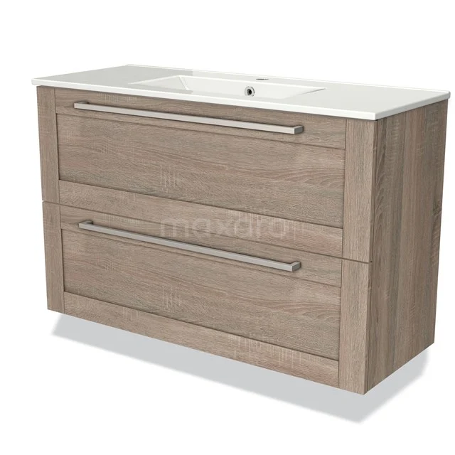 Wooden bathroom unit with two drawers, light oak finish, integrated vanity units with basin and sleek modern design.