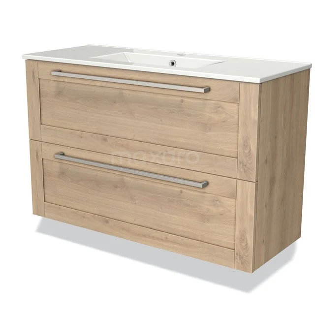 Wooden Bathroom unit with two drawers, modern design, white vanity units with basin and metal handles, ideal for practical bathrooms.