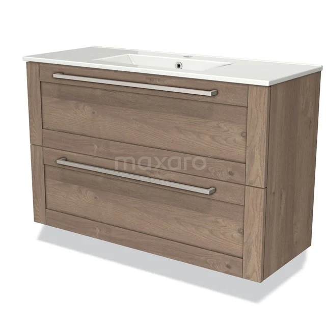 Wooden bathroom unit with two drawers, soft-close system and white basin, ideal for modern bathroom design.