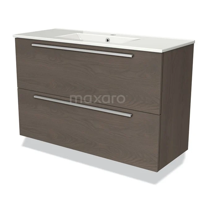 Modulo Slim Vanity units with basin | 100 cm Dark brown oak Flat front Ceramic 2 Stacked drawers BMW37-00571