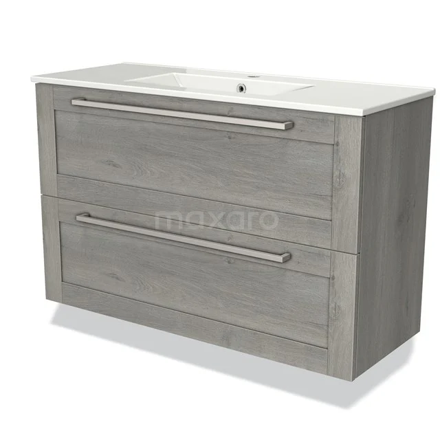 Holz-Badmöbel mit modernem grauen Eiche-Finish, zwei Schubladen und weißem keramischen Waschbecken, ideal für Bäder.