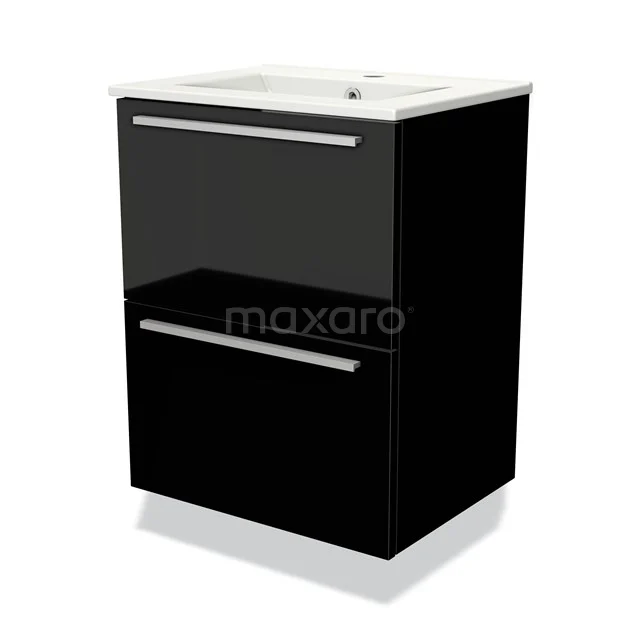 Schwarze Badmöbel mit glänzenden Fronten, ausgestattet mit einem weißen keramischen Waschbecken. Modernes und kompaktes Design.