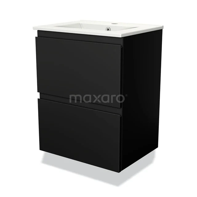 Modulo Slim Bathroom furniture with sink | 50 cm Matte black Handle-less front Ceramic 2 Stacked drawers BMW37-00579 Black bathroom furniture set with matte surface, two drawers and white ceramic basin, ideal for modern bathroom design.