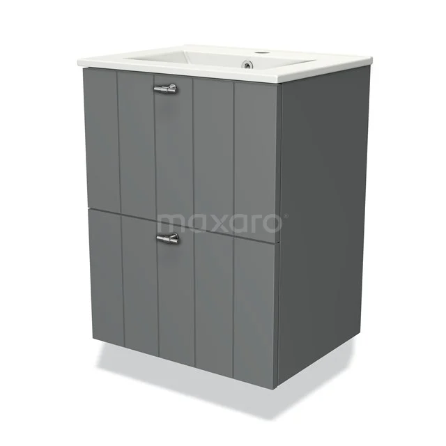 Modulo Slim Waschtische | 50 cm Mittelgrau Lamelle front Keramik 2 übereinanderliegende Schubladen BMW37-00581 Grauer Badschrank mit eingebautem weißen Waschbecken, zwei Schubladen und modernen Haltegriffen, ideal für die kompakte Badezimmernutzung.