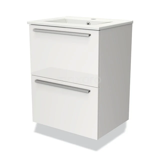 White bathroom unit with two drawers, modern design, in glossy material and with integrated basin.