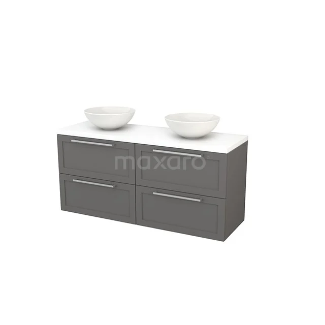 Badmöbel für Waschtischunterschrank mit Konsole 140cm Basaltrahmen Modulo+ Plato Matt Weiß Platte BMK002674 Graue Badmöbelset mit doppeltem keramischen Waschbecken, vier Schubladen und schlankem modernem Design. Perfekt für zeitgemäße Bäder.