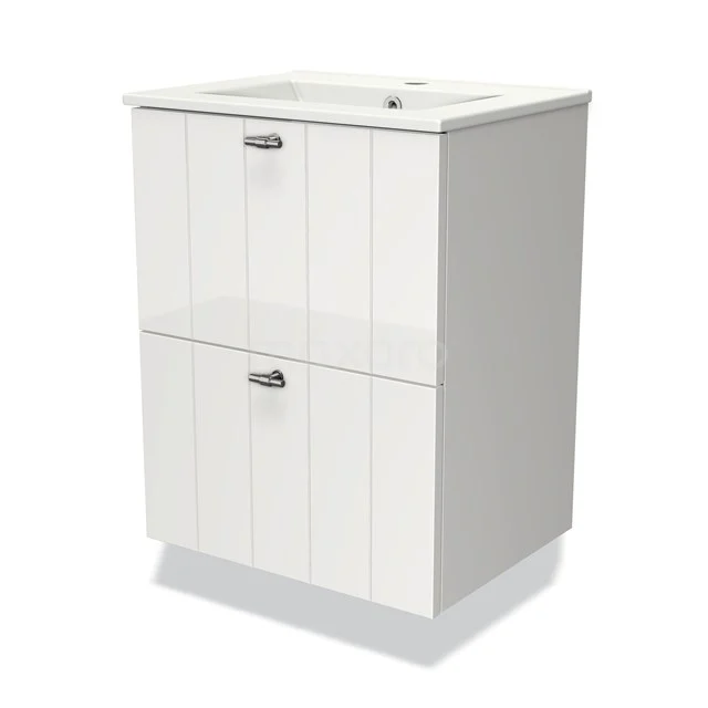 White bathroom unit with two drawers, vertical lines and metal handles, ideal for compact bathroom storage.