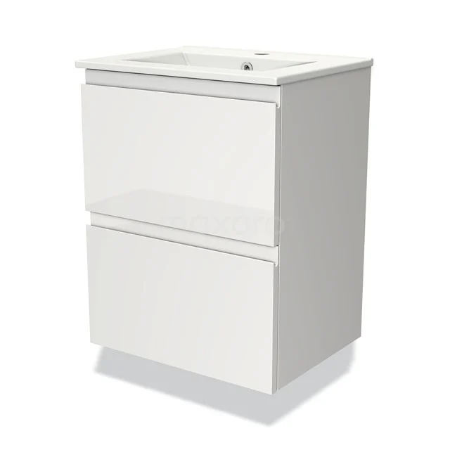 Weißes Badezimmermöbel mit keramischem Waschbecken, zwei Schubladen und modernem Design; ideal für moderne Badezimmerlagerung.