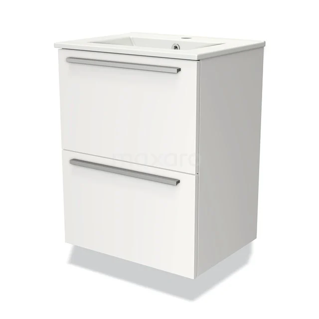 Modulo Slim Bathroom furniture with sink | 50 cm Matte white Flat front Ceramic 2 Stacked drawers BMW37-00586 White bathroom unit with two drawers, sleek design, fitted with silver handles and ceramic basin on top.