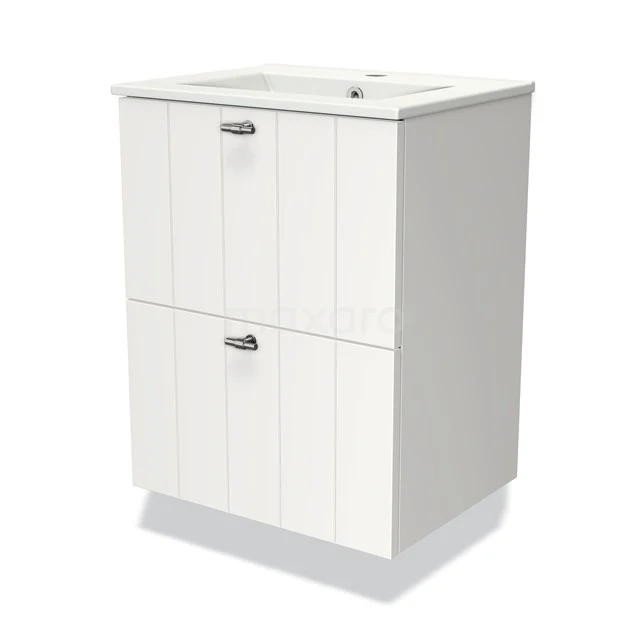 White Bathroom unit with two drawers, vertical grooves, chrome handles and built-in basin, ideal bathroom storage.