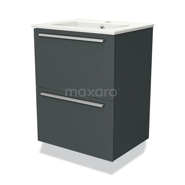 Dunkelgraues Badezimmermöbel mit zwei Schubladen und keramischem Waschbecken, modernes Design aus der Luxus-Serie.