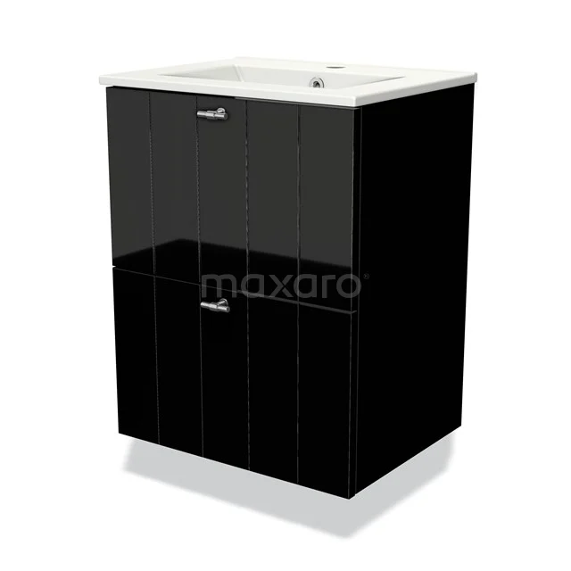 Black bathroom cabinet with glossy finish, two drawers and a white ceramic basin worktop, modern and compact design.